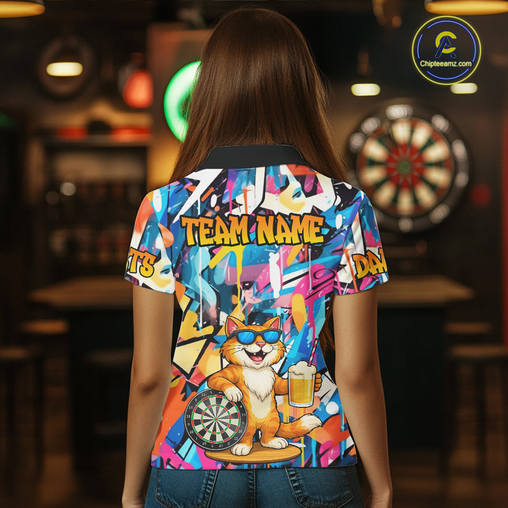 Funny Cat Colorful Graffiti Darts Shirt For Women Custom Darts Team Jersey Polo & 1/4 Zip TDM6393