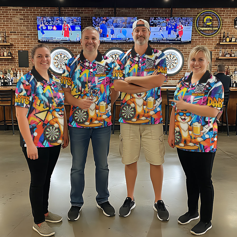 Funny Cat Colorful Graffiti Darts Shirt For Men Custom Darts Team Jersey Polo & 1/4 Zip TDM6393