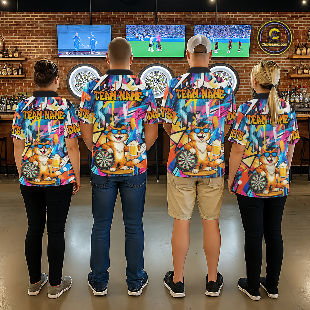 Funny Cat Colorful Graffiti Darts Shirt For Men Custom Darts Team Jersey Polo & 1/4 Zip TDM6393