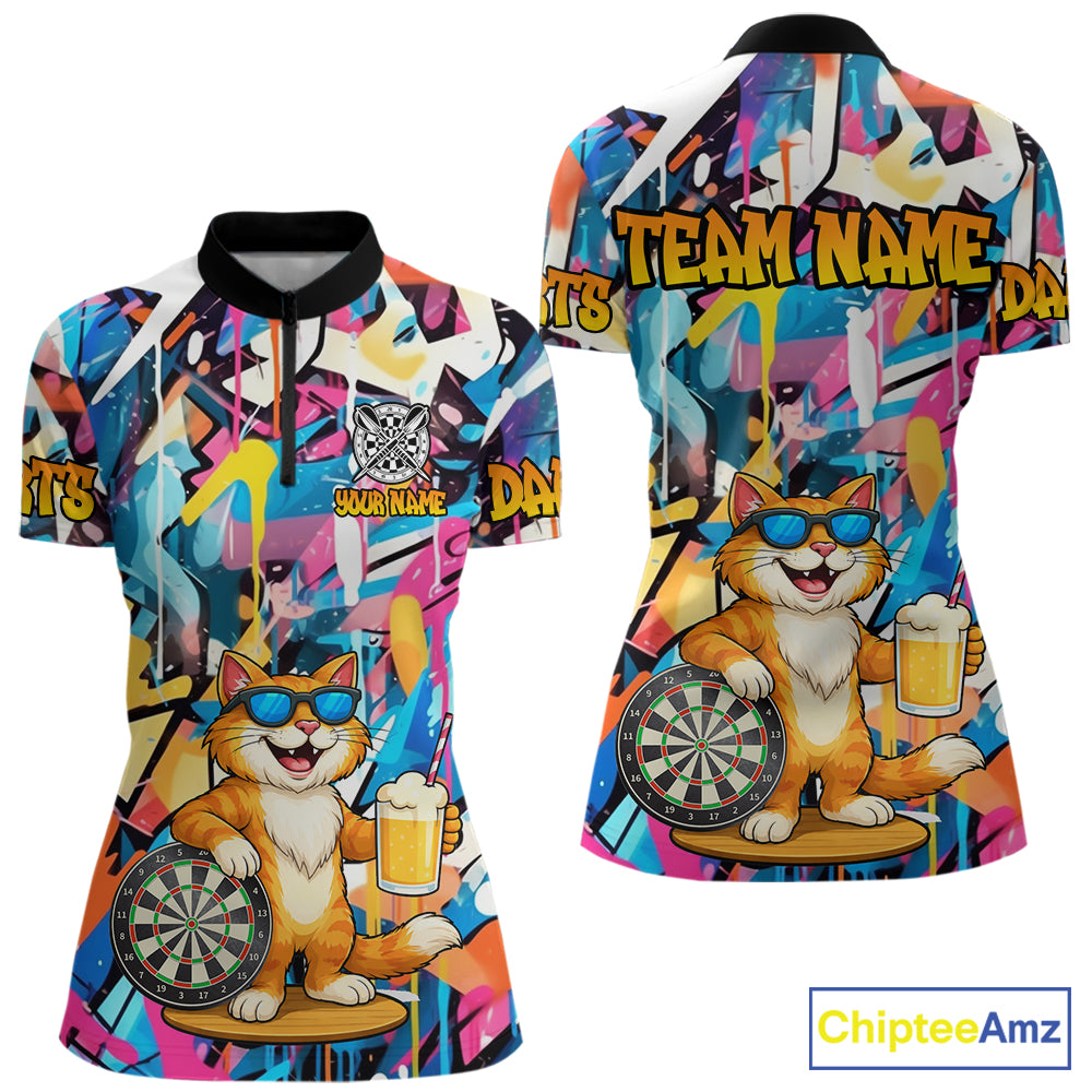 Funny Cat Colorful Graffiti Darts Shirt For Women Custom Darts Team Jersey Polo & 1/4 Zip TDM6393