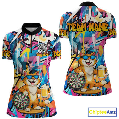Funny Cat Colorful Graffiti Darts Shirt For Women Custom Darts Team Jersey Polo & 1/4 Zip TDM6393