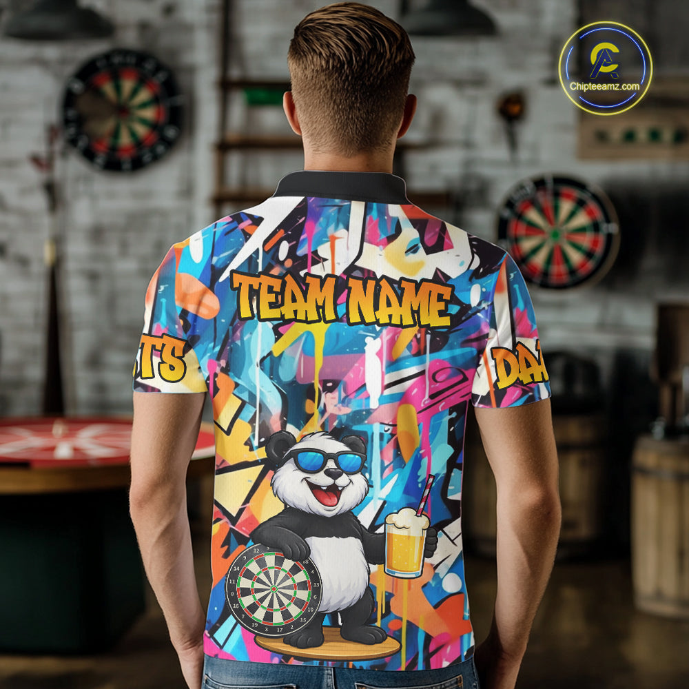 Funny Panda Colorful Graffiti Darts Shirt For Men Custom Darts Team Jersey Polo & 1/4 Zip TDM6394