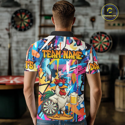 Funny Rooster Colorful Graffiti Darts Shirt For Men Custom Darts Team Jersey Polo & 1/4 Zip TDM6395