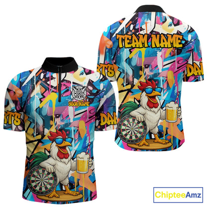 Funny Rooster Colorful Graffiti Darts Shirt For Men Custom Darts Team Jersey Polo & 1/4 Zip TDM6395
