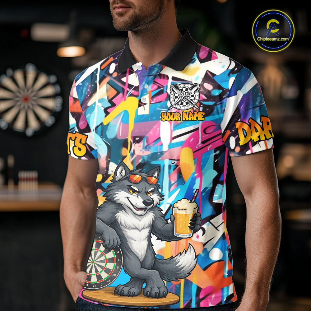 Funny Wolf Colorful Graffiti Darts Shirt For Men Custom Darts Team Jersey Polo & 1/4 Zip TDM6398
