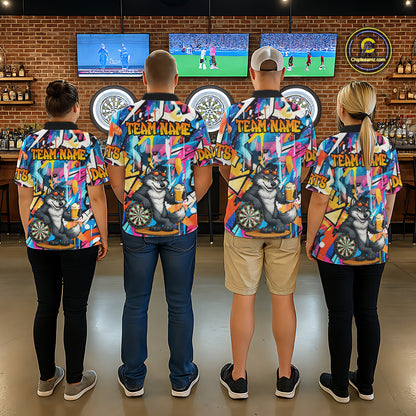 Funny Wolf Colorful Graffiti Darts Shirt For Men Custom Darts Team Jersey Polo & 1/4 Zip TDM6398