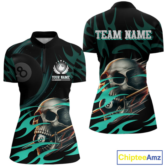 Turquoise Funny Skull 8 Ball Pool Shirt For Women Custom Billiard Team Jersey Polo & 1/4 Zip TDM4424