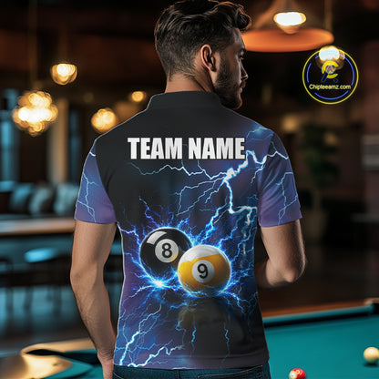 Man Wearing Personalized Blue Thunder Lightning 8 Ball 9 Ball Custom Billiard Team Jersey Featuring the Complete Rear Lightning Graphic, Back View