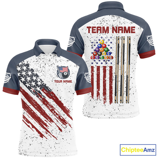 White Grunge American Flag Custom Billiard Shirts For Men, Patriotic Team Player Pool Jerseys TDM2326