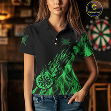 Load image into Gallery viewer, Black And Green Flame Fire Darts Polo &amp; Quarter Zip Custom Dart Shirt For Women Dart Jerseys TDM4857