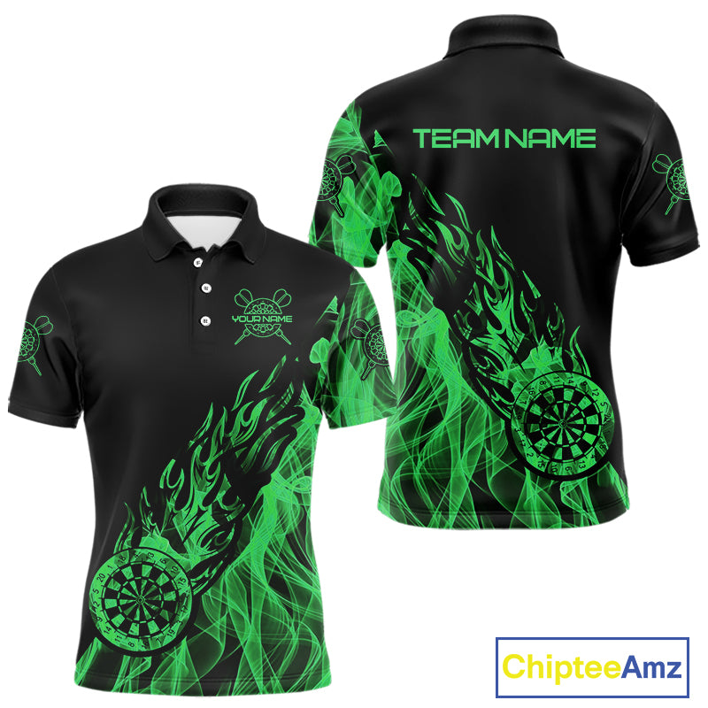 Black And Green Flame Fire Darts Polo & Quarter Zip Custom Dart Shirt For Men Dart Jerseys TDM4857