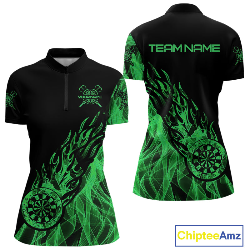 Black And Green Flame Fire Darts Polo & Quarter Zip Custom Dart Shirt For Women Dart Jerseys TDM4857