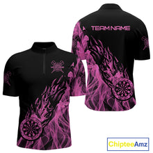 Load image into Gallery viewer, Black And Pink Flame Fire Darts Polo &amp; Quarter Zip Custom Dart Shirt For Men Dart Jerseys TDM4858