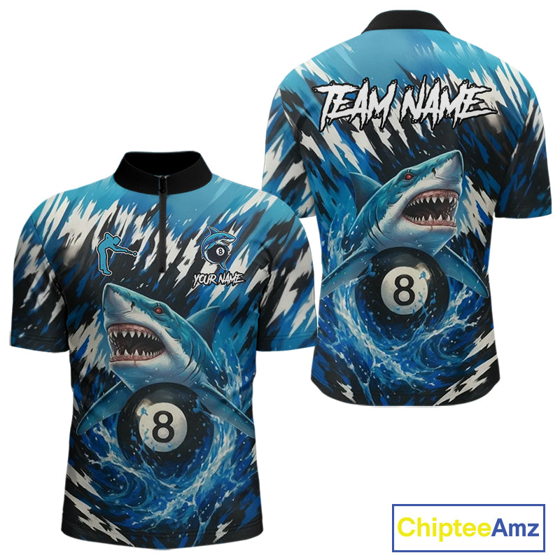 Blue Shark 8 Ball Billiard Shirt For Men Custom Billiard Jersey, Pool Team Shirt Polo & 1/4 Zip TDM5290