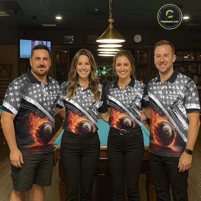 Personalized US Flag 8 Ball Pool Fire Billiard Shirt For Women Custom Grunge Billiard Team Jersey TDM5544