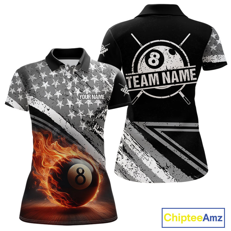 Personalized US Flag 8 Ball Pool Fire Billiard Shirt For Women Custom Grunge Billiard Team Jersey TDM5544