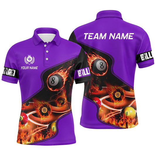 Personalized Master Billiard Balls Flame 3D Men Polo Shirts, Purple Billiard Jersey For Pool Player TDM0980