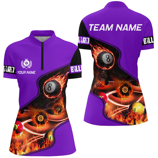 Personalized Master Billiard Balls Flame 3D Women Quarter-Zip Shirts, Purple Billiard Jersey TDM0980