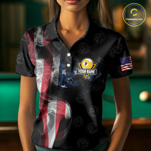 Load image into Gallery viewer, Personalized Vintage Smoke US Flag Billiard Shirts For Women, 9 Ball Pool Patriotic Billiard Jerseys TDM3633