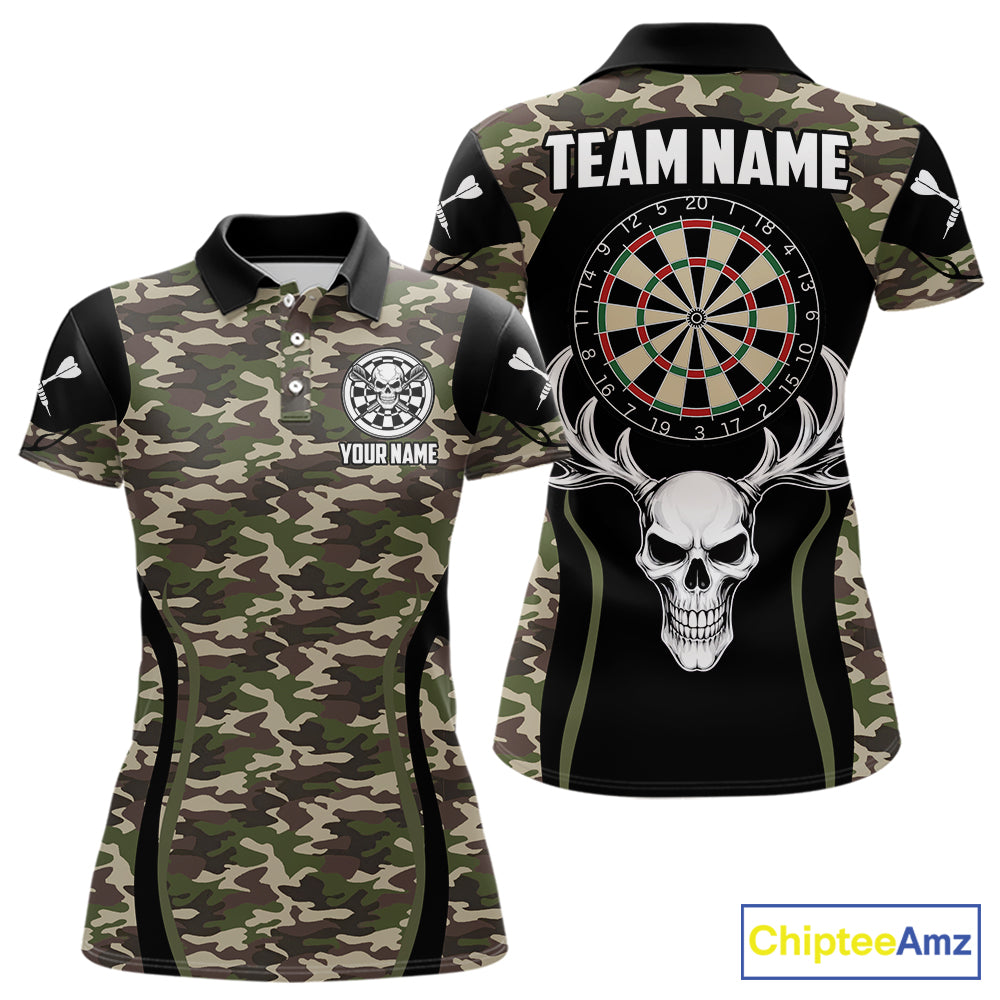 Personalized Green Camo Skull Darts Shirt For Women Custom Darts League Jersey Team Polo & 1/4 Zip TDM6402