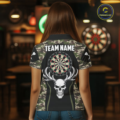 Personalized Green Camo Skull Darts Shirt For Women Custom Darts League Jersey Team Polo & 1/4 Zip TDM6402