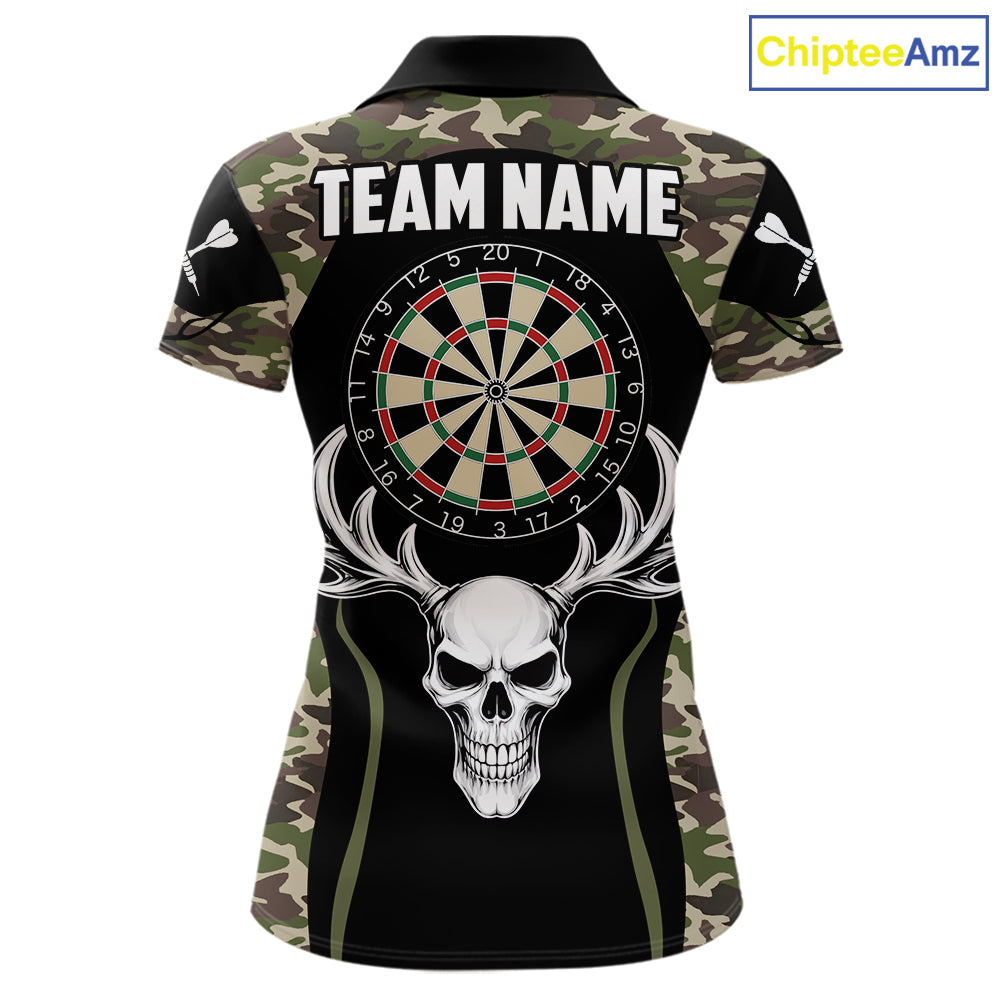 Personalized Green Camo Skull Darts Shirt For Women Custom Darts League Jersey Team Polo & 1/4 Zip TDM6402