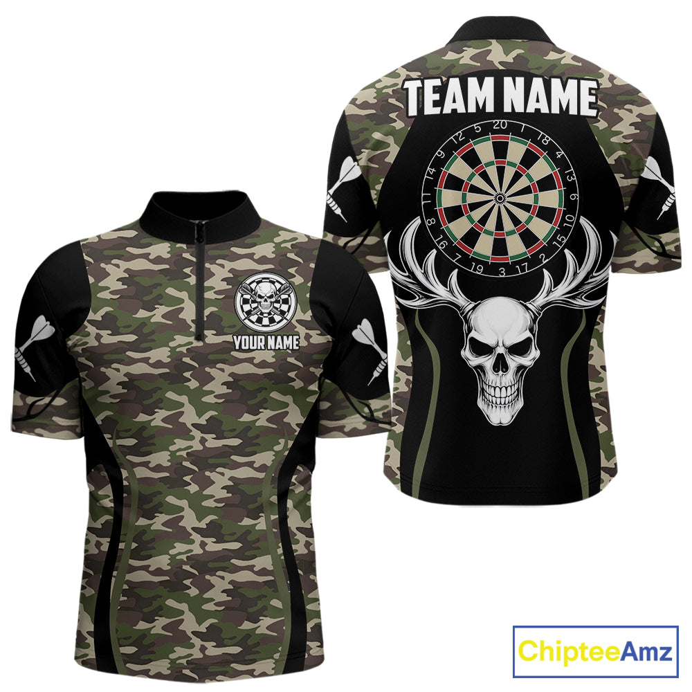 Personalized Green Camo Skull Darts Shirt For Men Custom Darts League Jersey Team Polo & 1/4 Zip TDM6402
