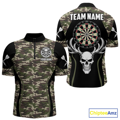 Personalized Green Camo Skull Darts Shirt For Men Custom Darts League Jersey Team Polo & 1/4 Zip TDM6402