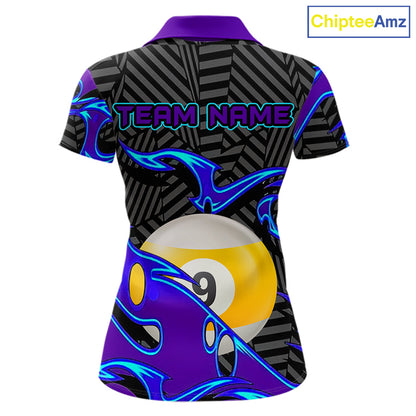 Personalized Blue Purple 9 Ball Pool Billiards Shirts For Women, Billiard Team Jersey Polo & 1/4 Zip TDM6403