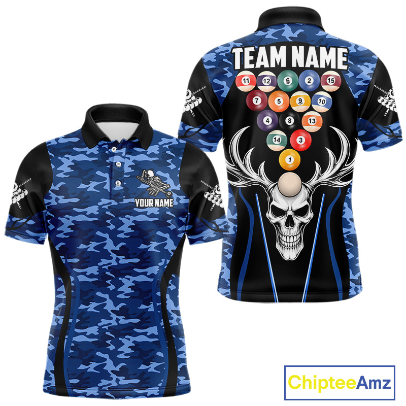 Personalized Blue Camo Skull Billiard Shirt For Men, 8 Ball Billiard Team Jersey Polo & 1/4 Zip TDM6399