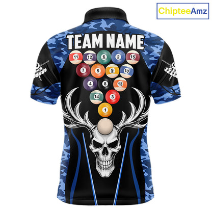 Personalized Blue Camo Skull Billiard Shirt For Men, 8 Ball Billiard Team Jersey Polo & 1/4 Zip TDM6399