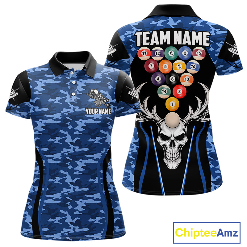Personalized Blue Camo Skull Billiard Shirt For Women, 8 Ball Billiard Team Jersey Polo & 1/4 Zip TDM6399