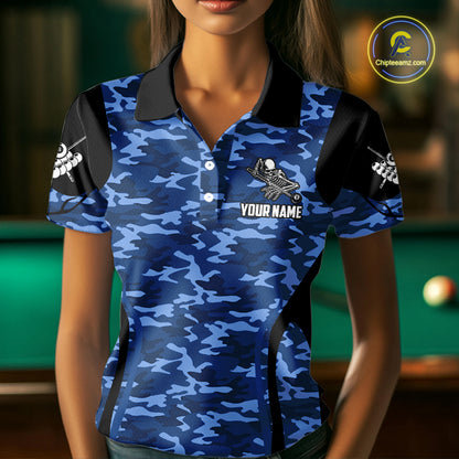 Personalized Blue Camo Skull Billiard Shirt For Women, 8 Ball Billiard Team Jersey Polo & 1/4 Zip TDM6399