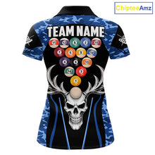 Load image into Gallery viewer, Personalized Blue Camo Skull Billiard Shirt For Women, 8 Ball Billiard Team Jersey Polo &amp; 1/4 Zip TDM6399