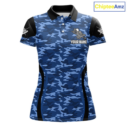 Personalized Blue Camo Skull Billiard Shirt For Women, 8 Ball Billiard Team Jersey Polo & 1/4 Zip TDM6399
