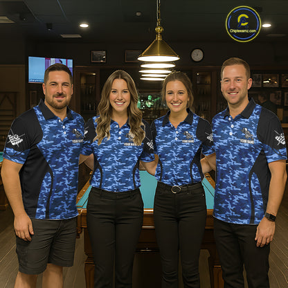 Personalized Blue Camo Skull Billiard Shirt For Men, 8 Ball Billiard Team Jersey Polo & 1/4 Zip TDM6399