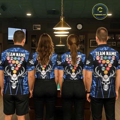 Personalized Blue Camo Skull Billiard Shirt For Men, 8 Ball Billiard Team Jersey Polo & 1/4 Zip TDM6399