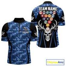 Load image into Gallery viewer, Personalized Blue Camo Skull Billiard Shirt For Men, 8 Ball Billiard Team Jersey Polo &amp; 1/4 Zip TDM6399
