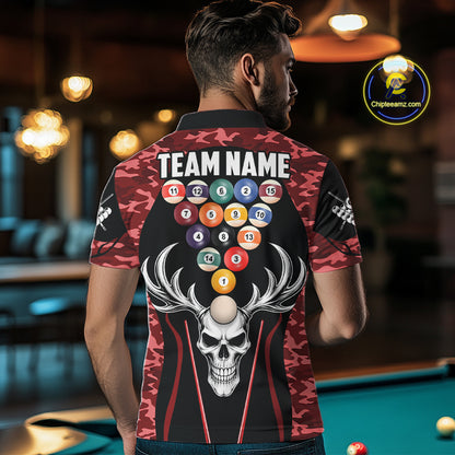 Personalized Red Camo Skull Billiard Shirt For Men, 8 Ball Billiard Team Jersey Polo & 1/4 Zip TDM6400
