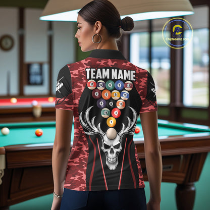 Personalized Red Camo Skull Billiard Shirt For Women, 8 Ball Billiard Team Jersey Polo & 1/4 Zip TDM6400