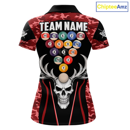 Personalized Red Camo Skull Billiard Shirt For Women, 8 Ball Billiard Team Jersey Polo & 1/4 Zip TDM6400