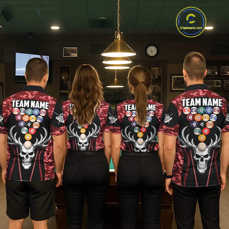 Personalized Red Camo Skull Billiard Shirt For Men, 8 Ball Billiard Team Jersey Polo & 1/4 Zip TDM6400