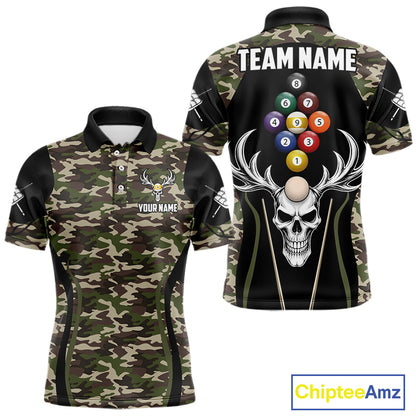 Personalized Green Camo Skull Billiard Shirt For Men, 9 Ball Billiard Team Jersey Polo & 1/4 Zip TDM6401