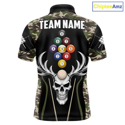 Personalized Green Camo Skull Billiard Shirt For Men, 9 Ball Billiard Team Jersey Polo & 1/4 Zip TDM6401
