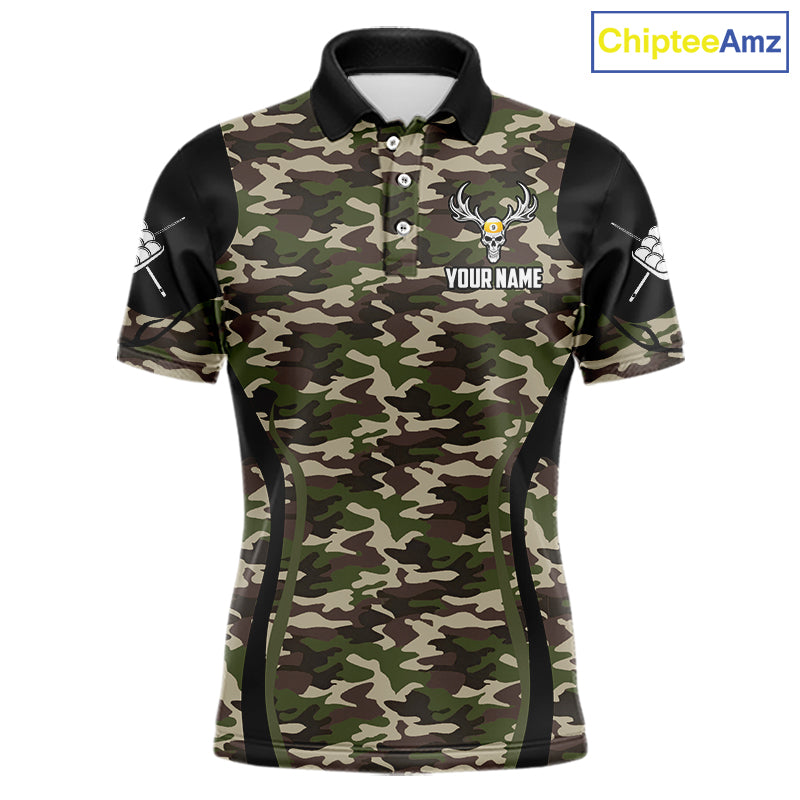 Personalized Green Camo Skull Billiard Shirt For Men, 9 Ball Billiard Team Jersey Polo & 1/4 Zip TDM6401