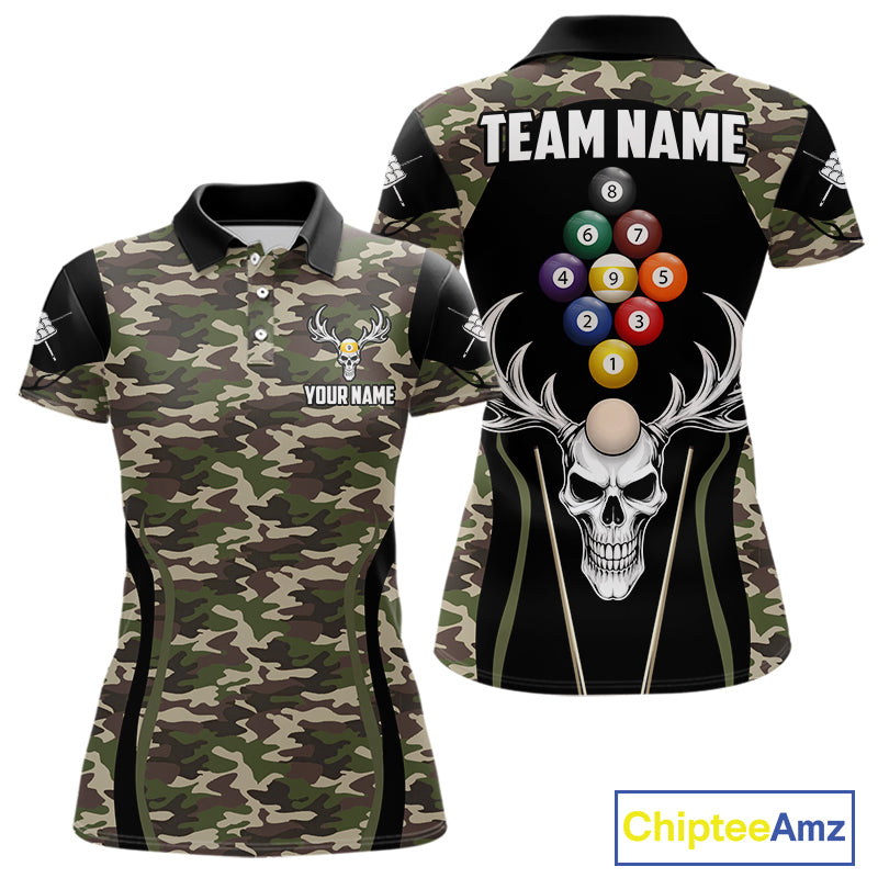 Personalized Green Camo Skull Billiard Shirt For Women, 9 Ball Billiard Team Jersey Polo & 1/4 Zip TDM6401
