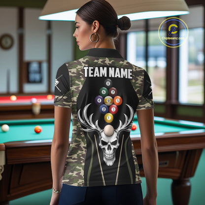 Personalized Green Camo Skull Billiard Shirt For Women, 9 Ball Billiard Team Jersey Polo & 1/4 Zip TDM6401