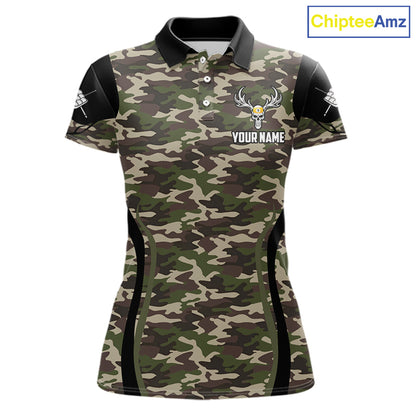 Personalized Green Camo Skull Billiard Shirt For Women, 9 Ball Billiard Team Jersey Polo & 1/4 Zip TDM6401