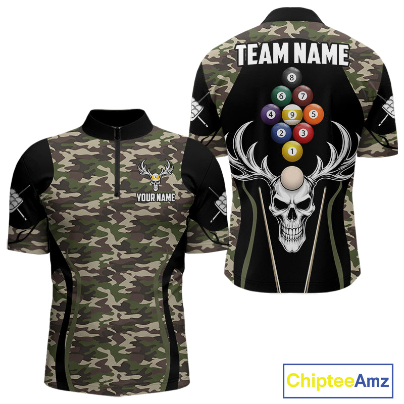 Personalized Green Camo Skull Billiard Shirt For Men, 9 Ball Billiard Team Jersey Polo & 1/4 Zip TDM6401