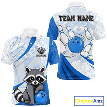Load image into Gallery viewer, Bowling-themed shirt with raccoon and bowling ball design, customizable with 'Team Name' and 'Your Name'.